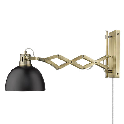 Hawthorn 1-light Swing Arm Wall Lamp in Aged Brass and Matte Black shade, side view - Golden Lighting