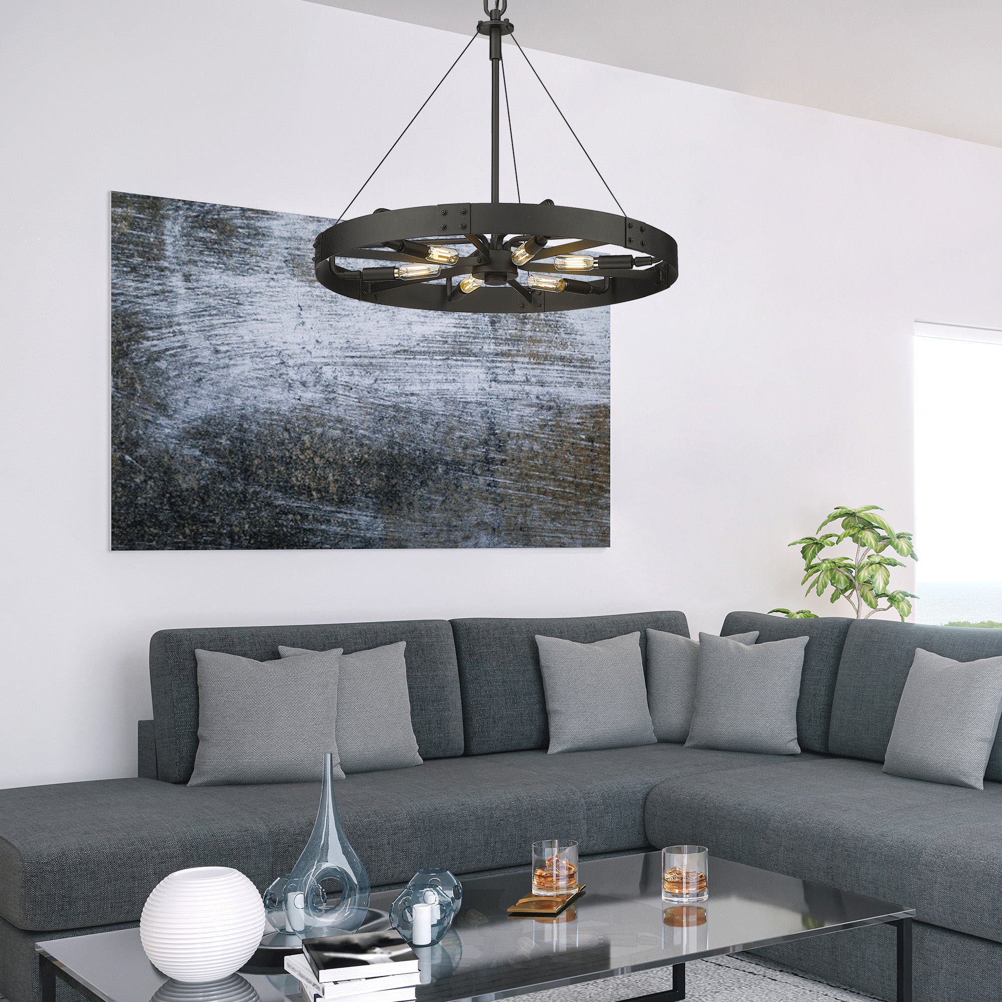 Vaughn Medium Pendant in Natural Black with Natural Black Accents - Incandescent,Type B / 6 x 60W(C) / 22.5"L x 22.5"W x 19.25"H - Golden Lighting