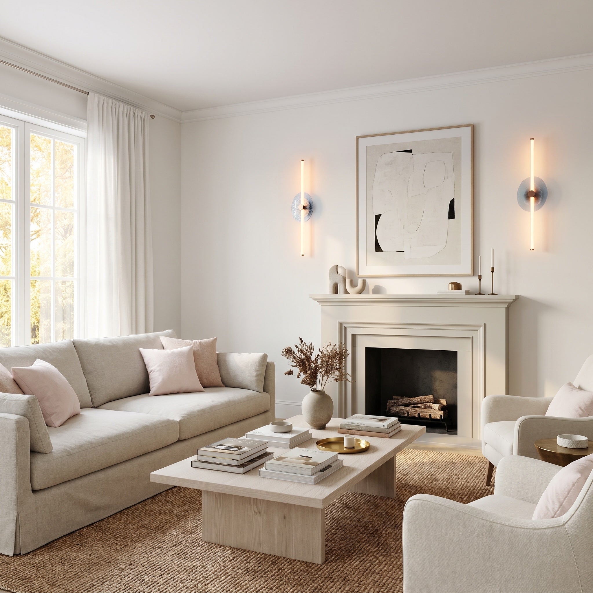 Colorella 1-light Wall Sconce in Rose Gold, AI-visualized living room scene - Golden Lighting