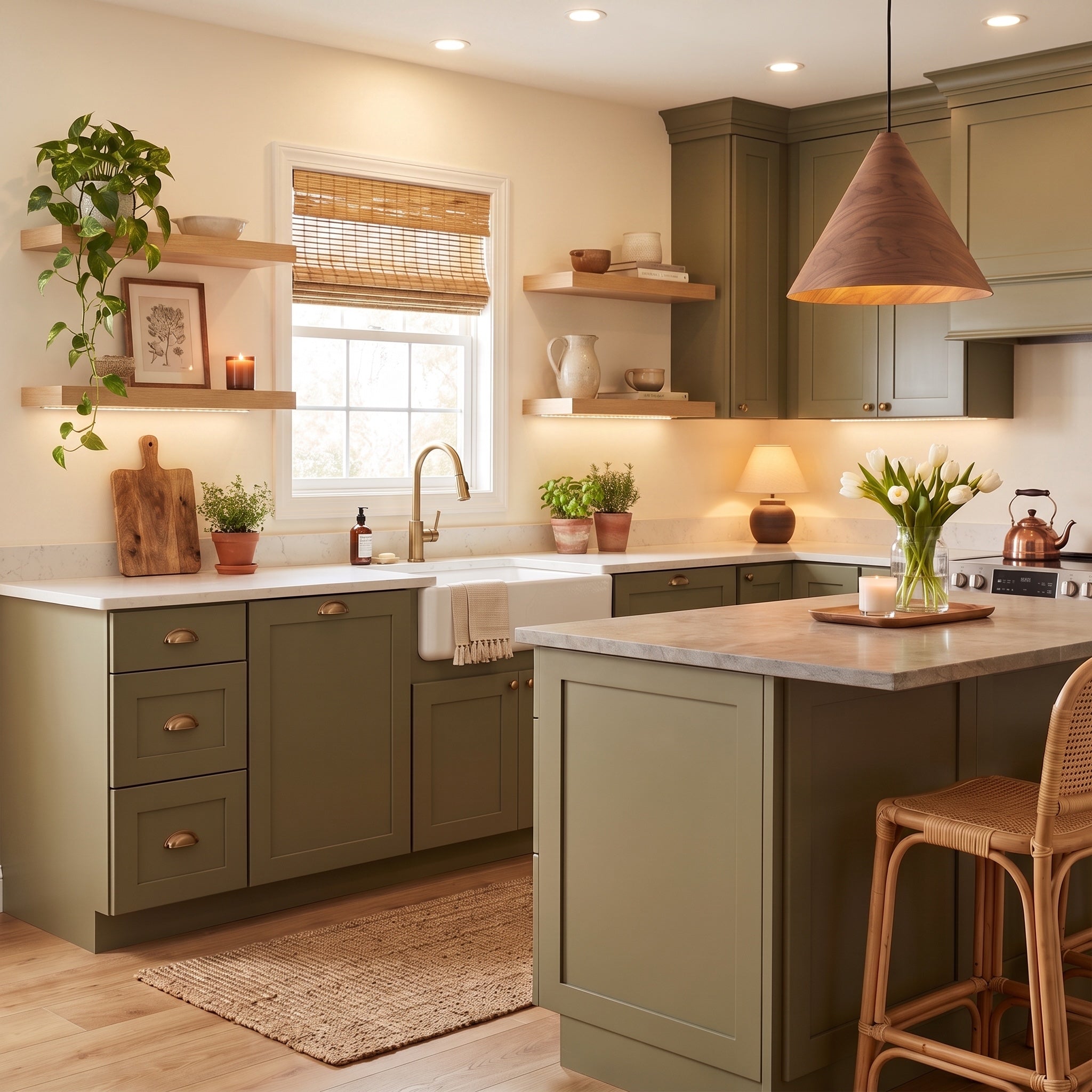 Conique 2-light Pendant in Dark Walnut, AI-visualized breakfast nook scene - Golden Lighting