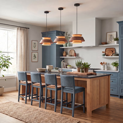 Aalto 1-light Pendant in Dark Walnut-Light Walnut, AI-visualized kitchen scene - Golden Lighting