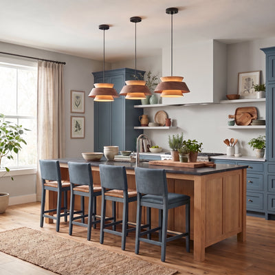 Aalto 1-light 13" Pendant in Light and Dark Walnut, AI-visualized kitchen scene - Golden Lighting