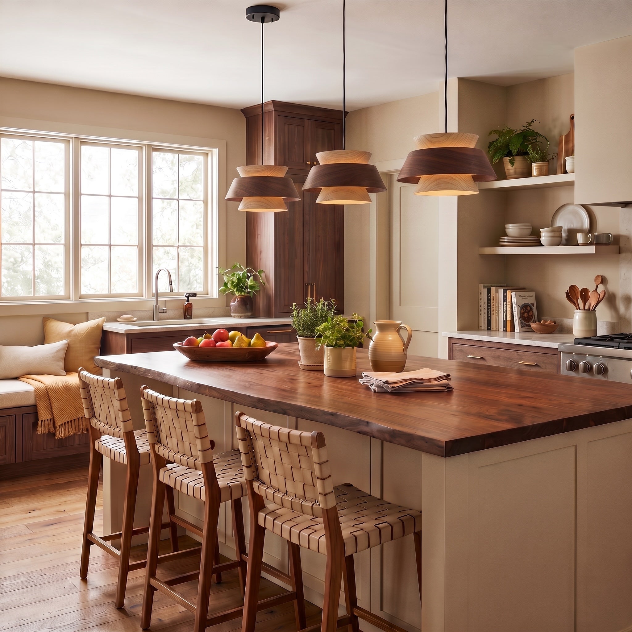 Aalto 1-light Pendant in Dark Walnut-Light Walnut, AI-visualized kitchen scene - Golden Lighting