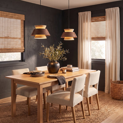 Aalto 1-light Pendant in Dark Walnut-Light Walnut, AI-visualized kitchen scene - Golden Lighting