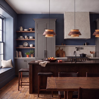 Aalto 1-light Pendant in Dark Walnut-Light Walnut, AI-visualized kitchen scene - Golden Lighting