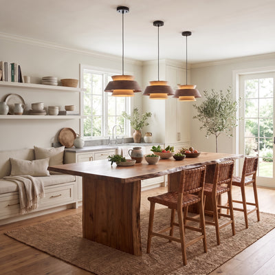 Aalto 1-light Pendant in Dark Walnut-Light Walnut, AI-visualized kitchen scene - Golden Lighting