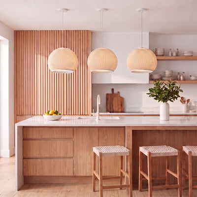 Tela 5-light Pendant in Matte White, AI-visualized kitchen scene - Golden Lighting