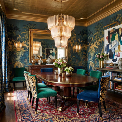 Shahi 17-light Chandelier in Titanium Gold, shown in an AI visualized maximalist dining room setting - Golden Lighting