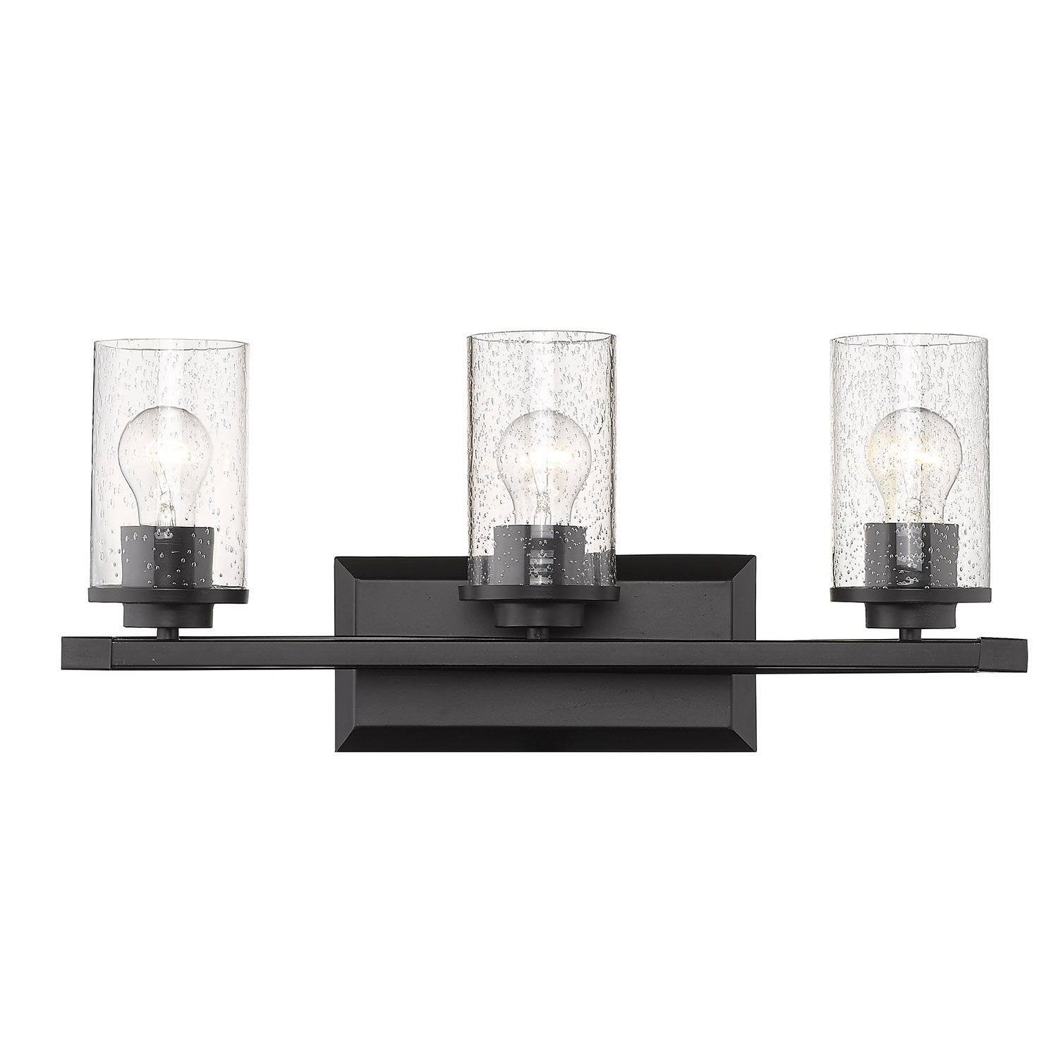 Mercer 3 Light Bath Vanity in Matte Black with Matte Black accents and Seeded Glass - - Golden Lighting