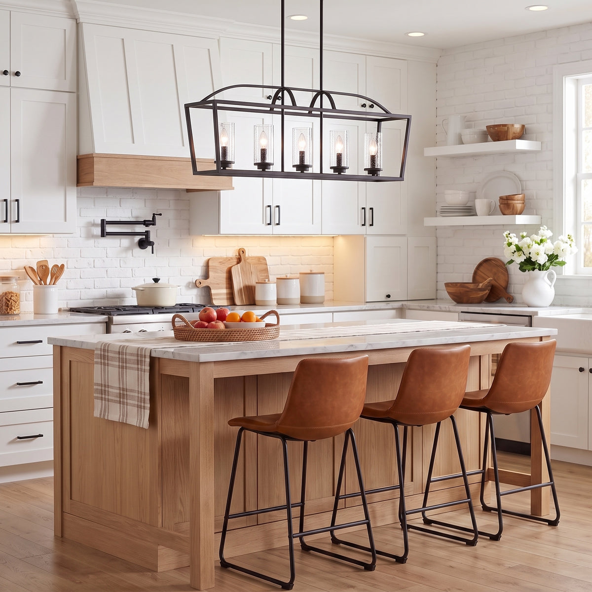 Mercer 5-light Island Light in Matte Black, AI-visualized kitchen scene - Golden Lighting