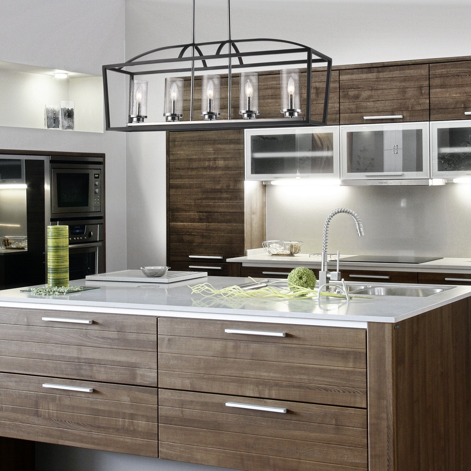 Mercer 5 Light Linear Pendant in Matte Black with Chrome accents and Seeded Glass - Default Title - Golden Lighting