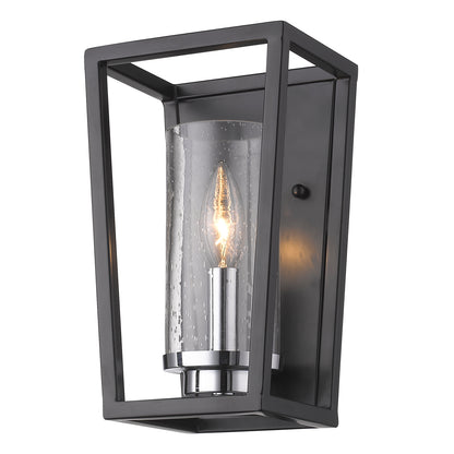 Mercer 1 Light Wall Sconce in Matte Black with Chrome accents and Seeded Glass - Matte Black / Seeded Glass / Clear - Golden Lighting