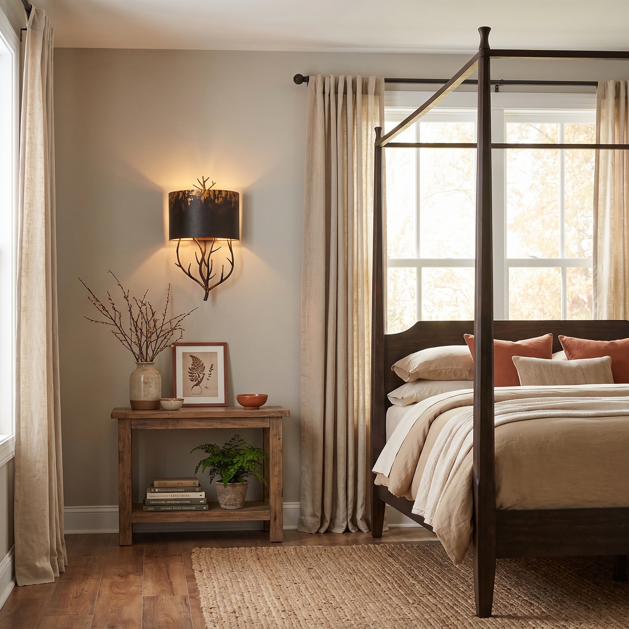 Arboreal 2-light Wall Sconce in Antique Black Iron, AI-visualized bedroom scene - Golden Lighting