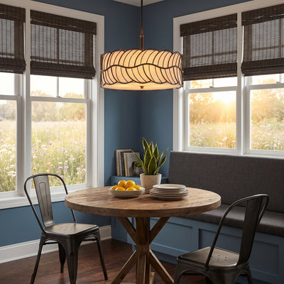 Simbolo 5-light Pendant in Antique Black Iron, AI-visualized room scene - Golden Lighting