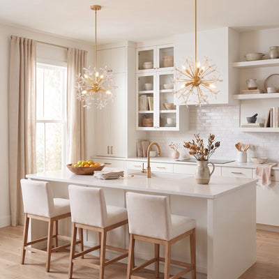 Dandelion 6-light Pendant in Matte Gold, AI-visualized kitchen scene - Golden Lighting