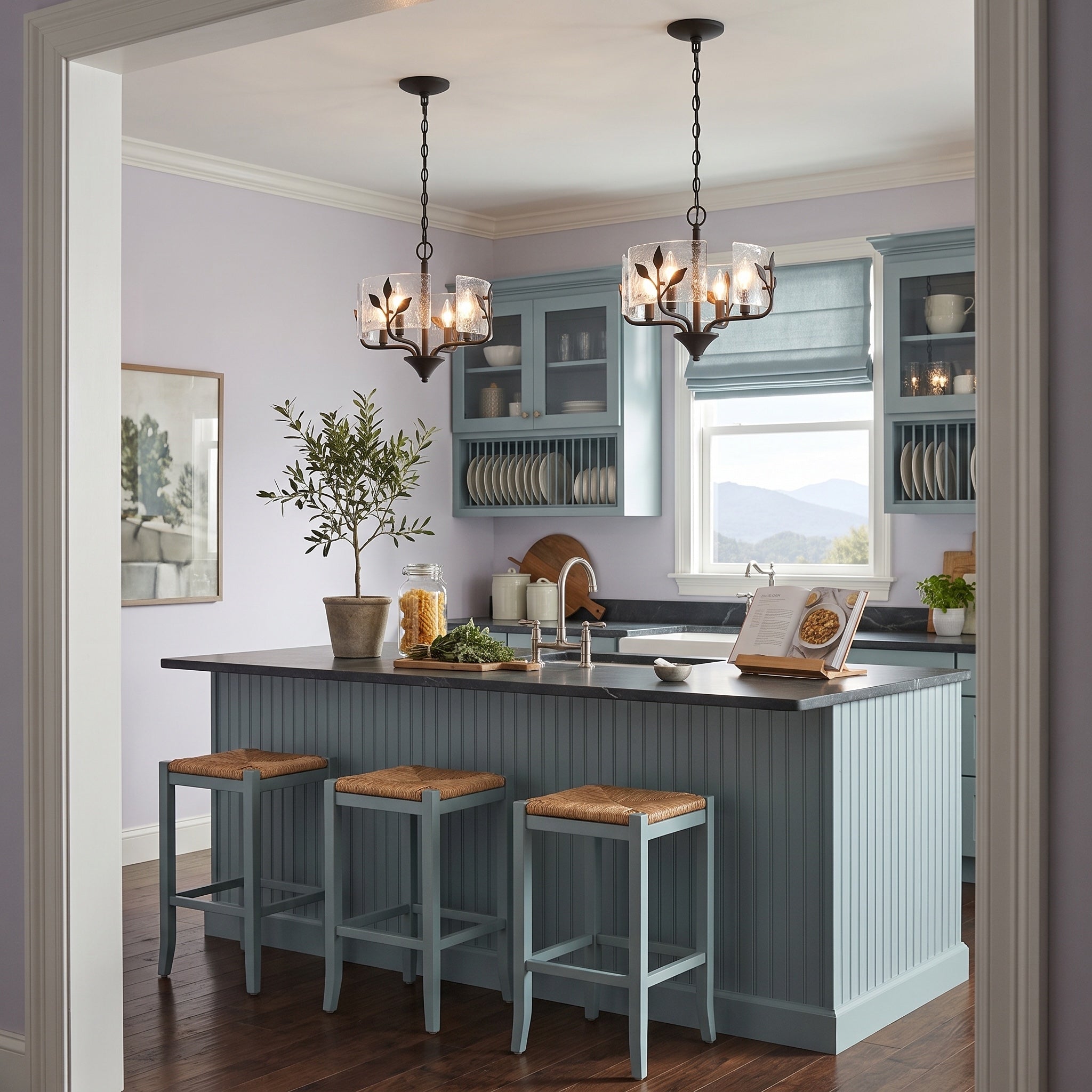 Bloem 4-light Pendant in Natural Black, AI-visualized room scene - Golden Lighting