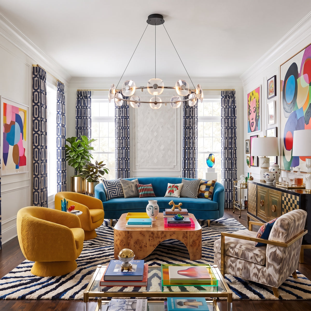 Celestia Integrated LED 49"W Chandelier in Chrome in an AI visualized modern maximalist living room scene - Golden Lighting