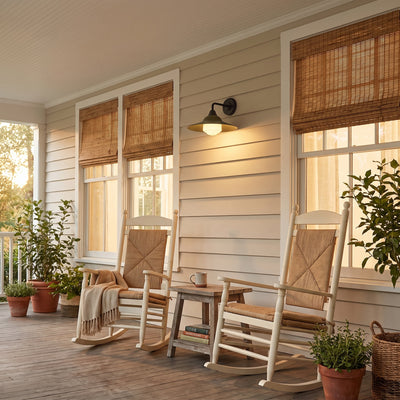 Croma 1-light Outdoor Wall in Matte Black, AI-visualized porch scene - Golden Lighting