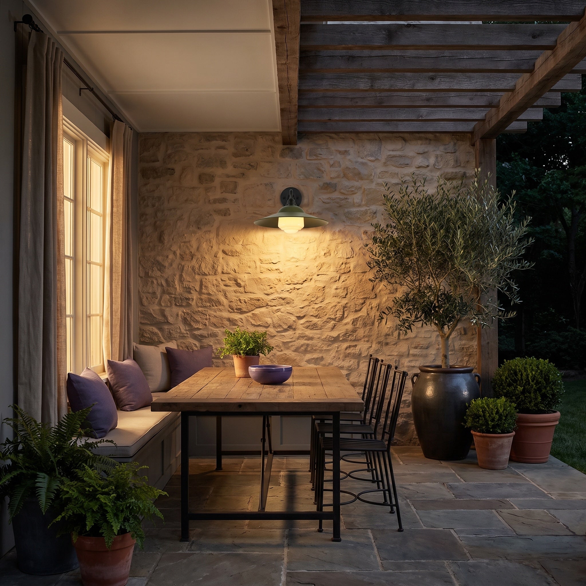 Croma 1-light Outdoor Wall in Matte Black, AI-visualized patio scene - Golden Lighting
