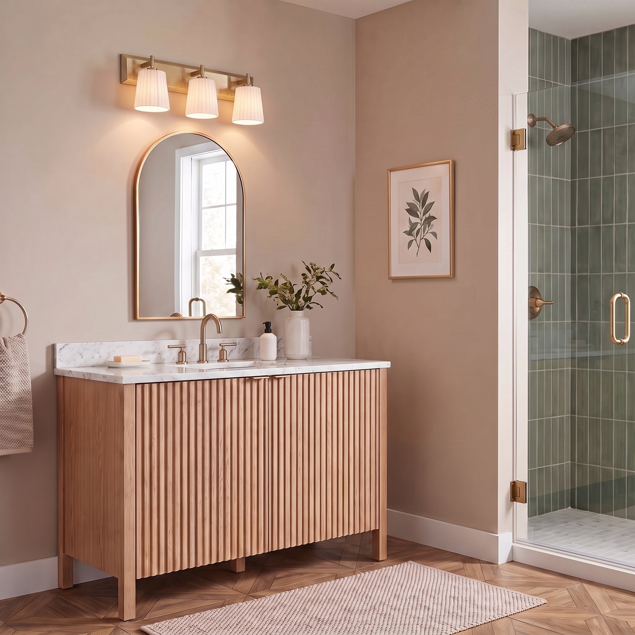 Brilia 3-light Vanity in Brushed Champagne Brass, AI-visualized bathroom scene - Golden Lighting