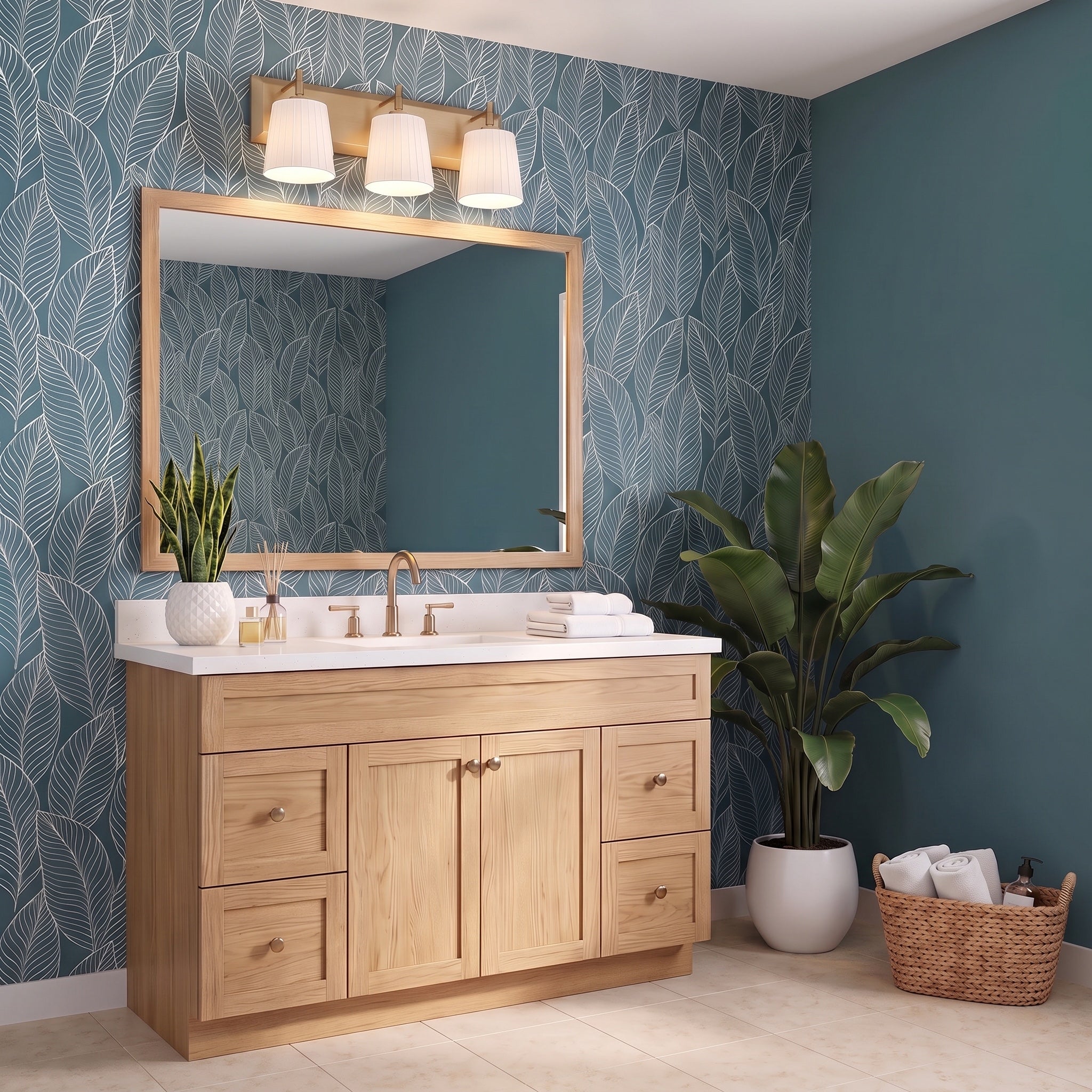 Brilia 3-light Vanity in Brushed Champagne Brass, AI-visualized bathroom scene - Golden Lighting
