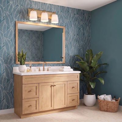 Brilia 3-light Vanity in Brushed Champagne Brass, AI-visualized bathroom scene - Golden Lighting