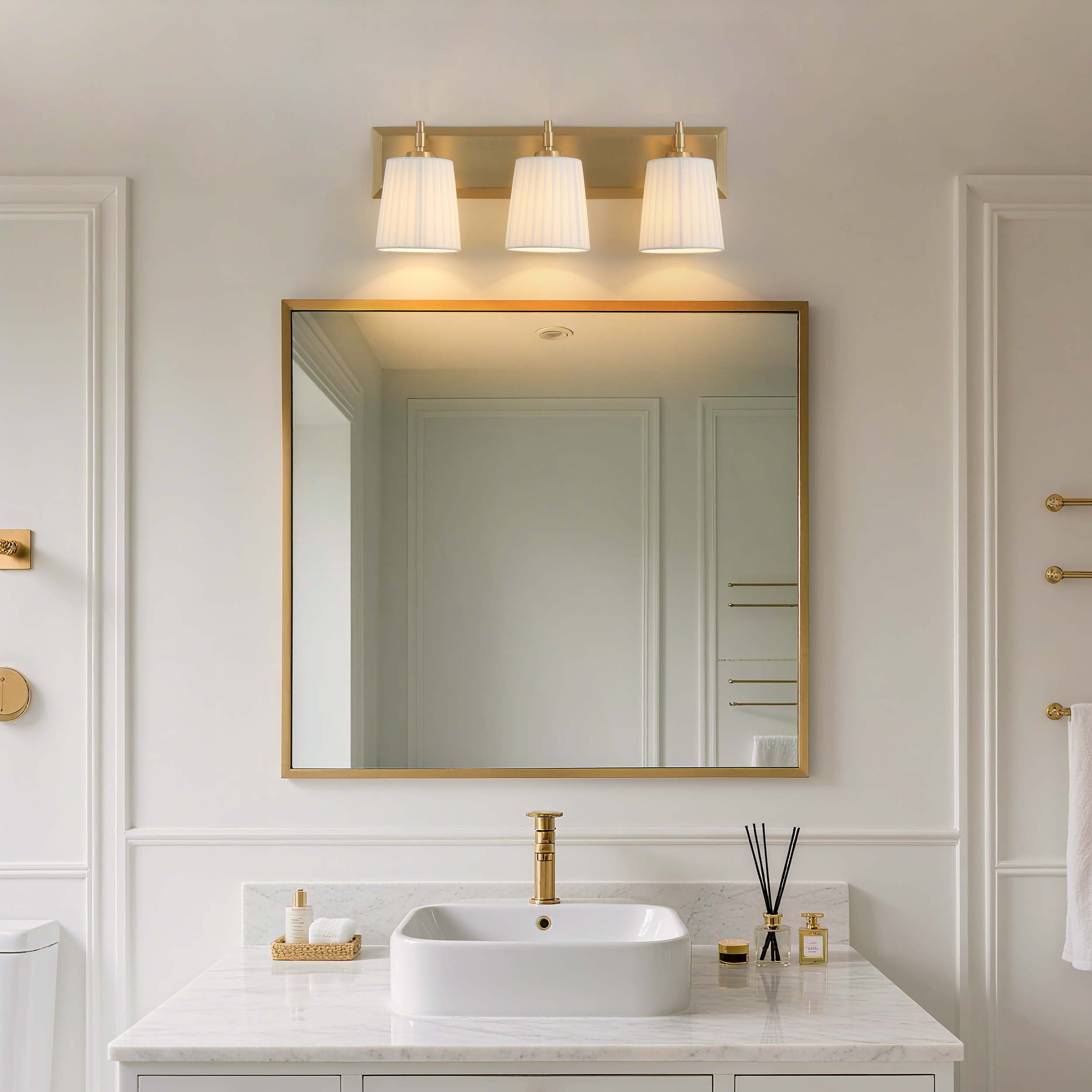 Yep by Golden Lighting Brilia 3-light Vanity in Brushed Champagne Brass with Pleated Shade