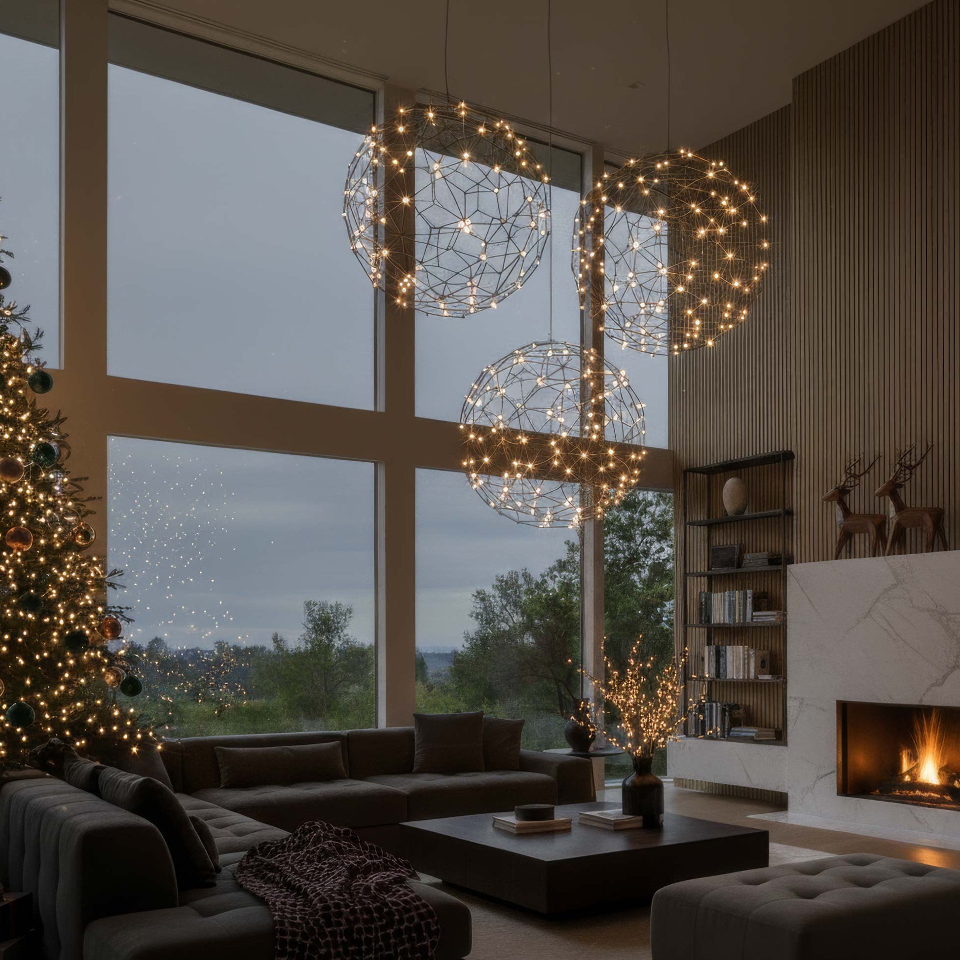 Modern living room with Christmas tree, string lights, and fireplace. Spheris is hanging in varying sizes as a focal point for a holiday space. 