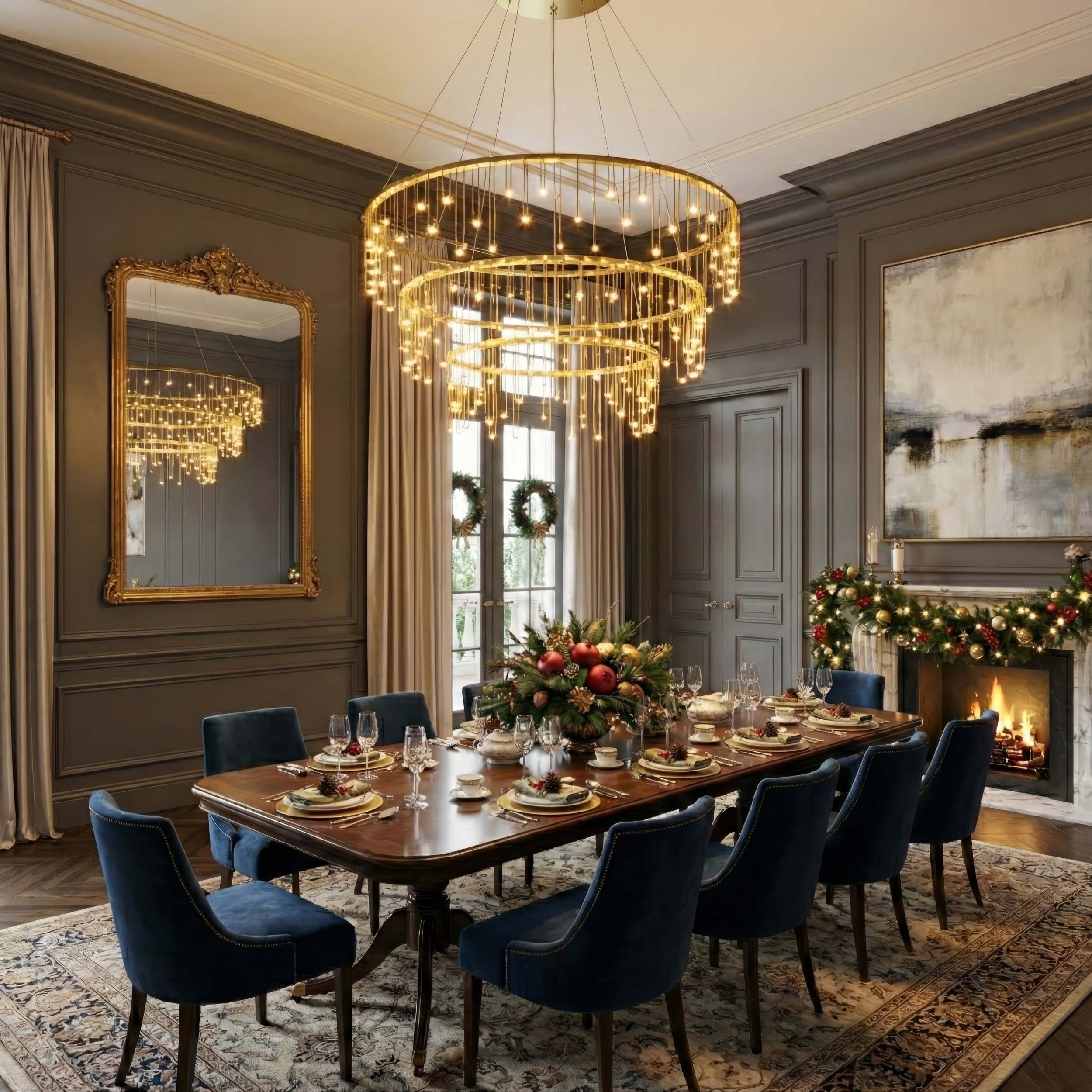 Dining room with a large Lucerna 3-tier integrated LED chandelier, table set for dinner, and festive decorations.