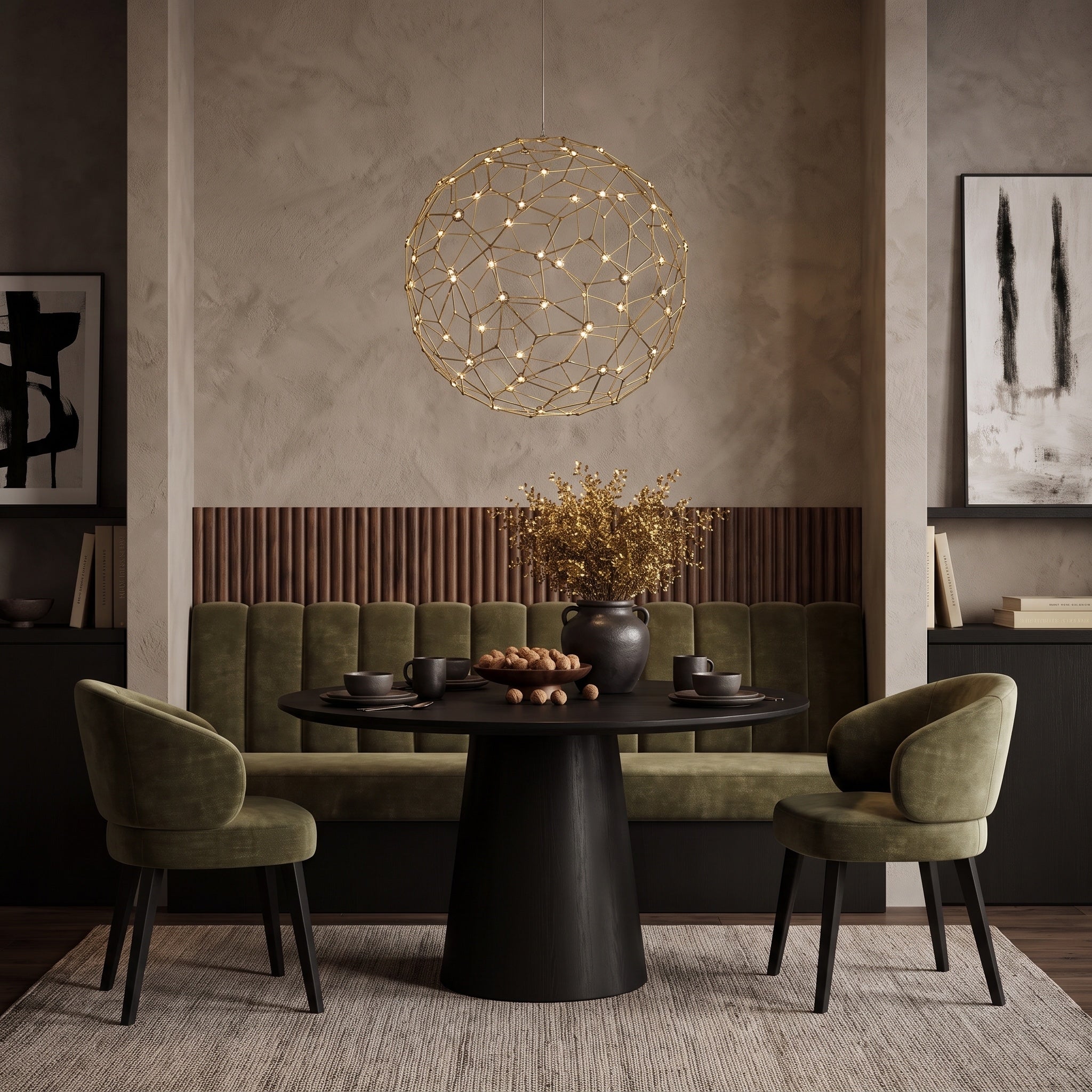 Spheris Integrated LED 32in Pendant in Natural Brass, AI-visualized dining room scene - Golden Lighting