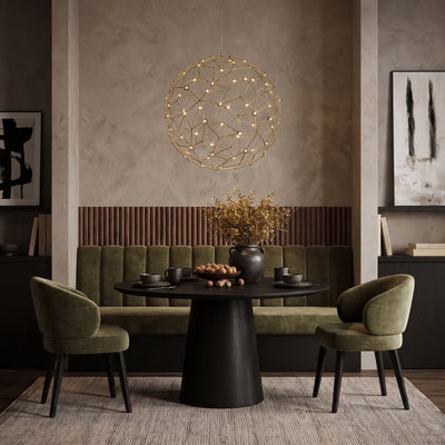 Spheris Integrated LED 32in Pendant in Natural Brass, AI-visualized dining room scene - Golden Lighting