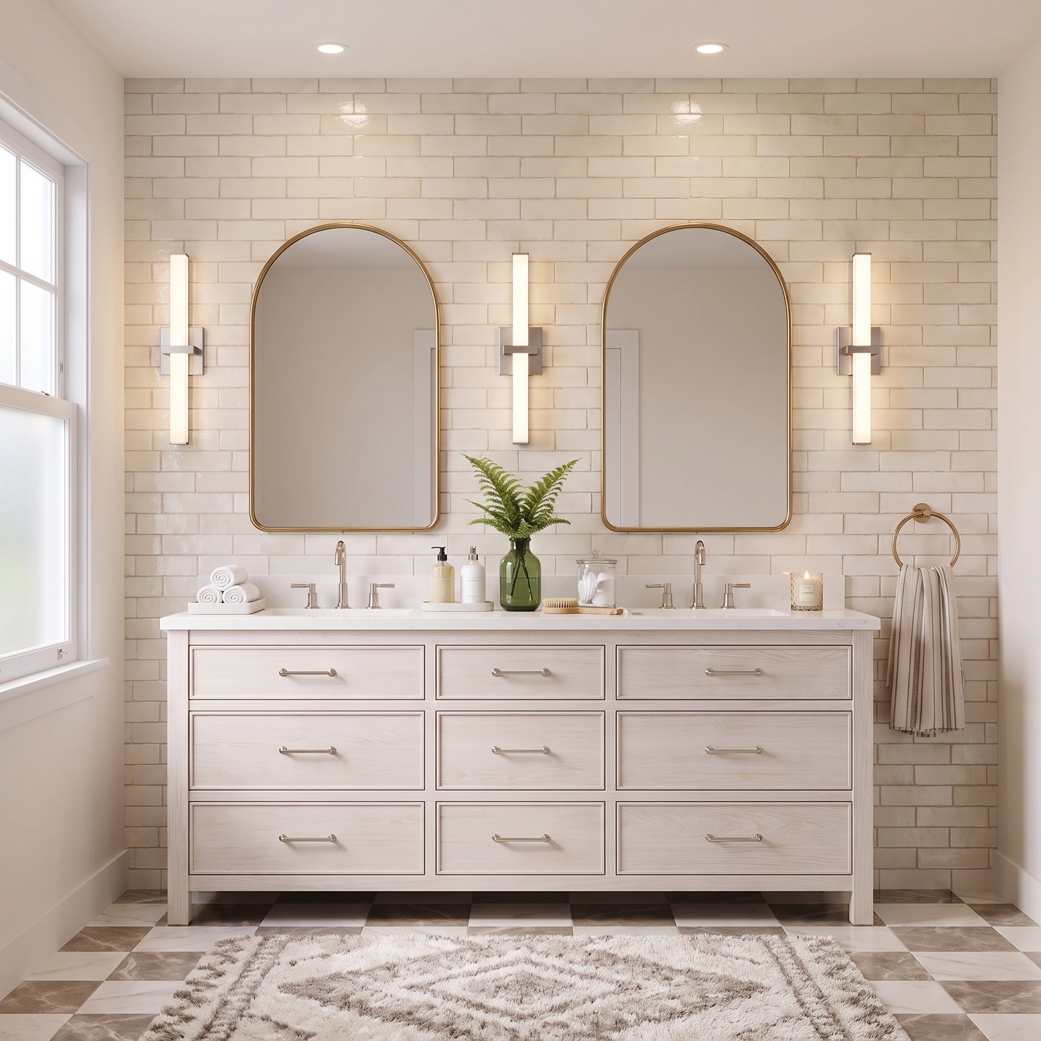 Elon Integrated LED 24in Vanity in Pewter, AI-visualized bathroom scene - Golden Lighting