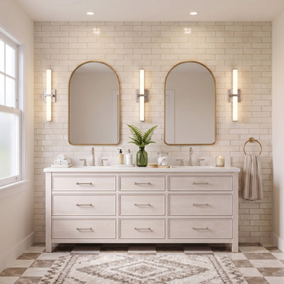 Elon Integrated LED 24in Vanity in Pewter, AI-visualized bathroom scene - Golden Lighting