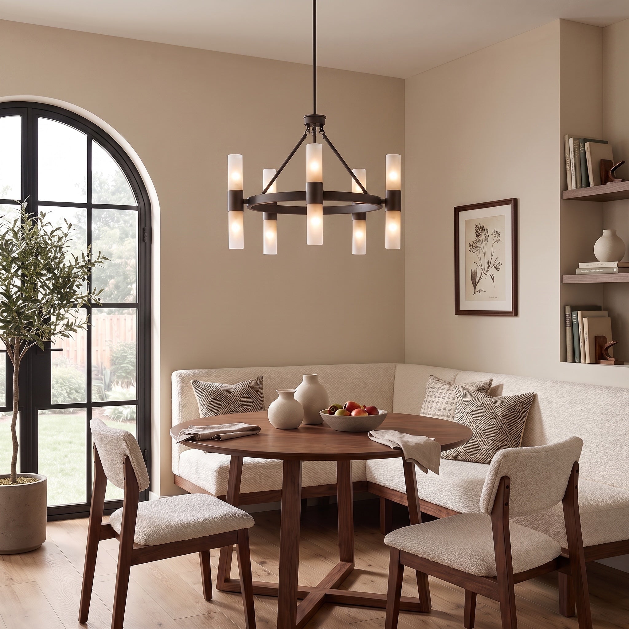 Lyssna Cirkel 10-light Chandelier in Modern Bronze, AI-visualized foyer scene - Golden Lighting