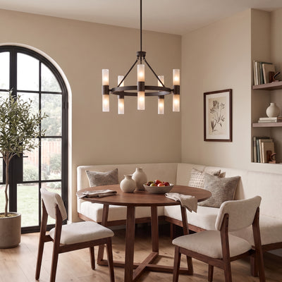 Lyssna Cirkel 10-light Chandelier in Modern Bronze, AI-visualized foyer scene - Golden Lighting
