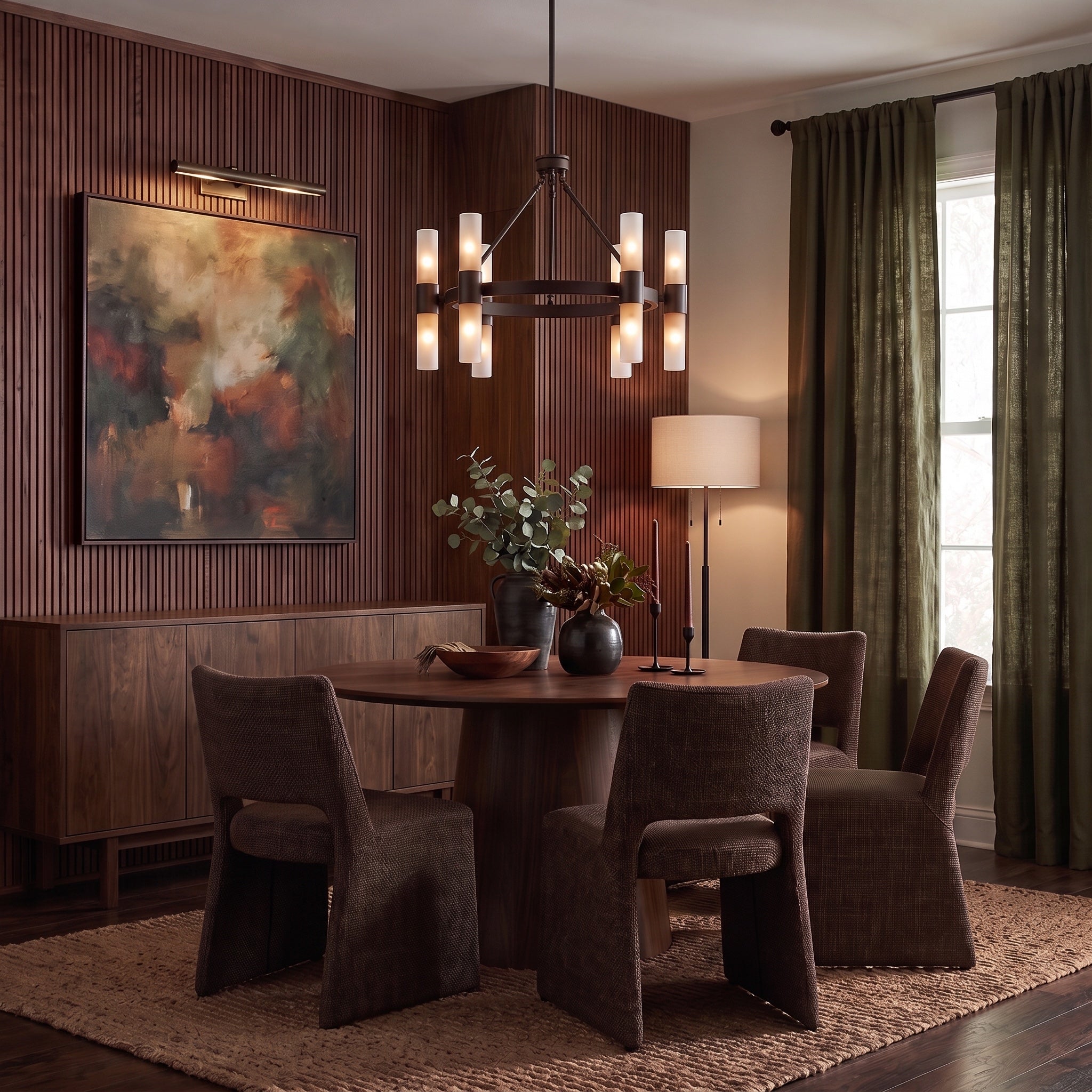 Lyssna Cirkel 10-light Chandelier in Modern Bronze, AI-visualized breakfast nook scene - Golden Lighting