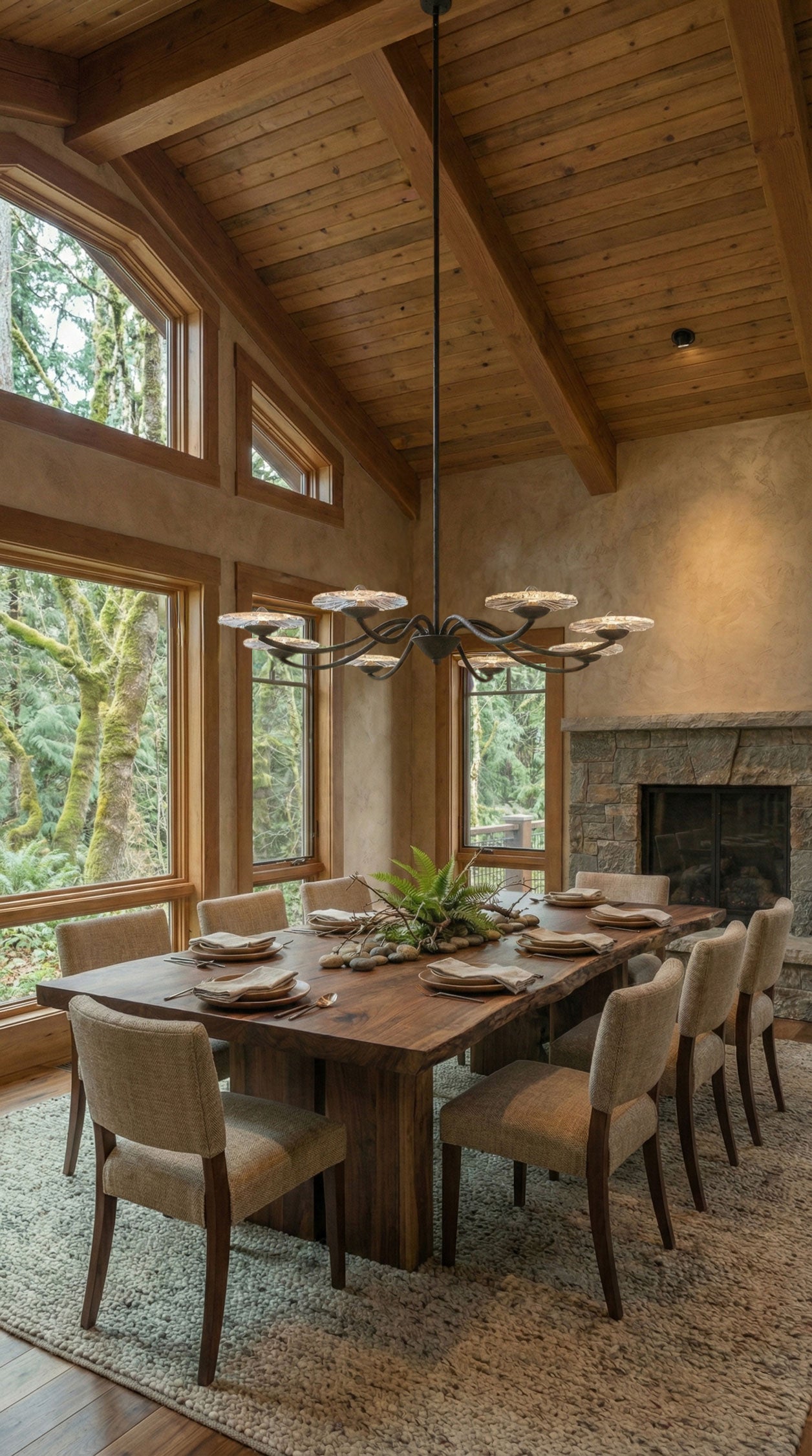 Dining room featuring Coral Bloom 8-Light Integrated LED chandelier in black slate in a biophilic dining room over a wooden table and chairs, large windows, and a chandelier.