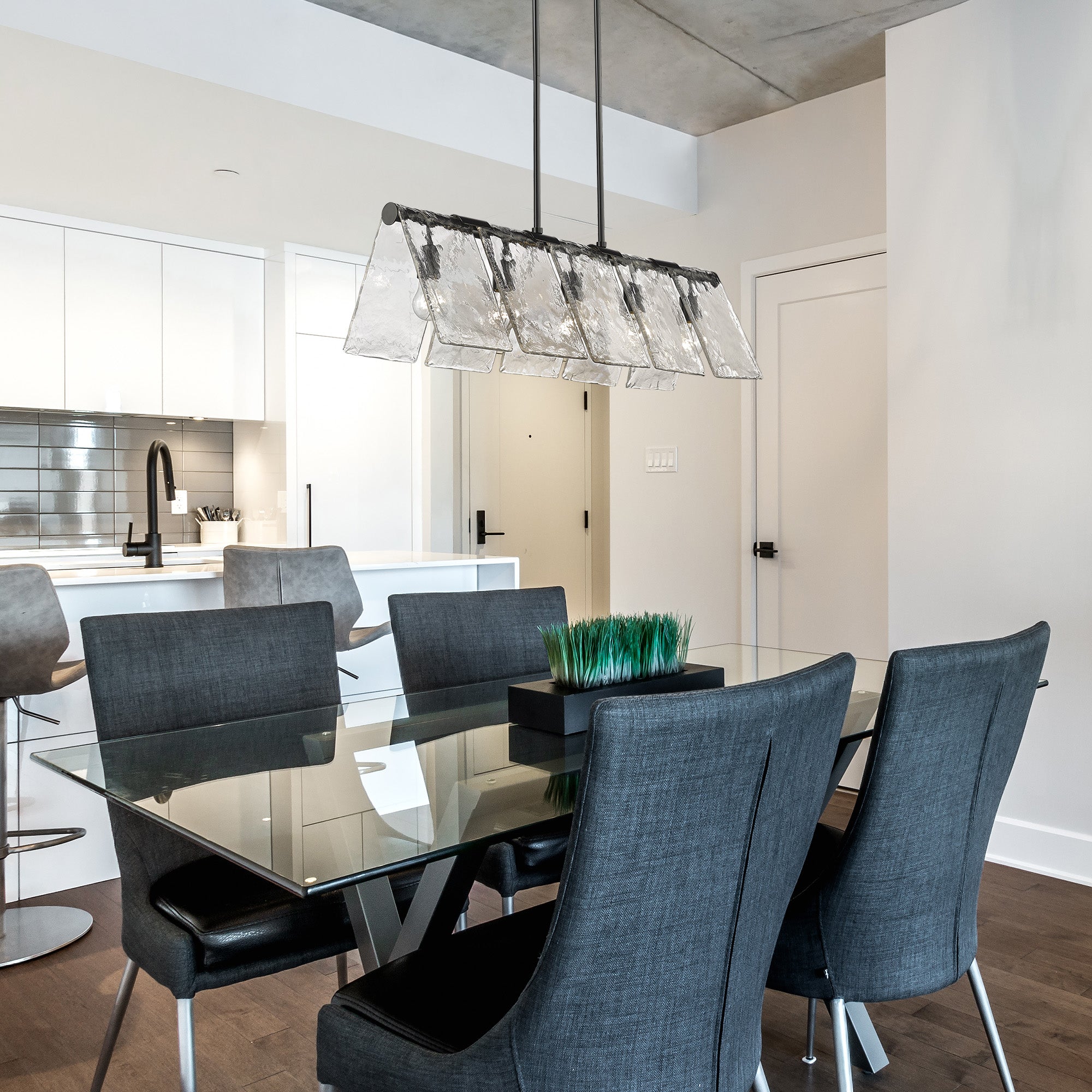 Serenity BLK Linear Pendant in Matte Black with Hammered Water Glass Shade - Incandescent,Type A / 5 x 60W(M) / 37.875"L x 10.125"W x 10.375"H - Golden Lighting