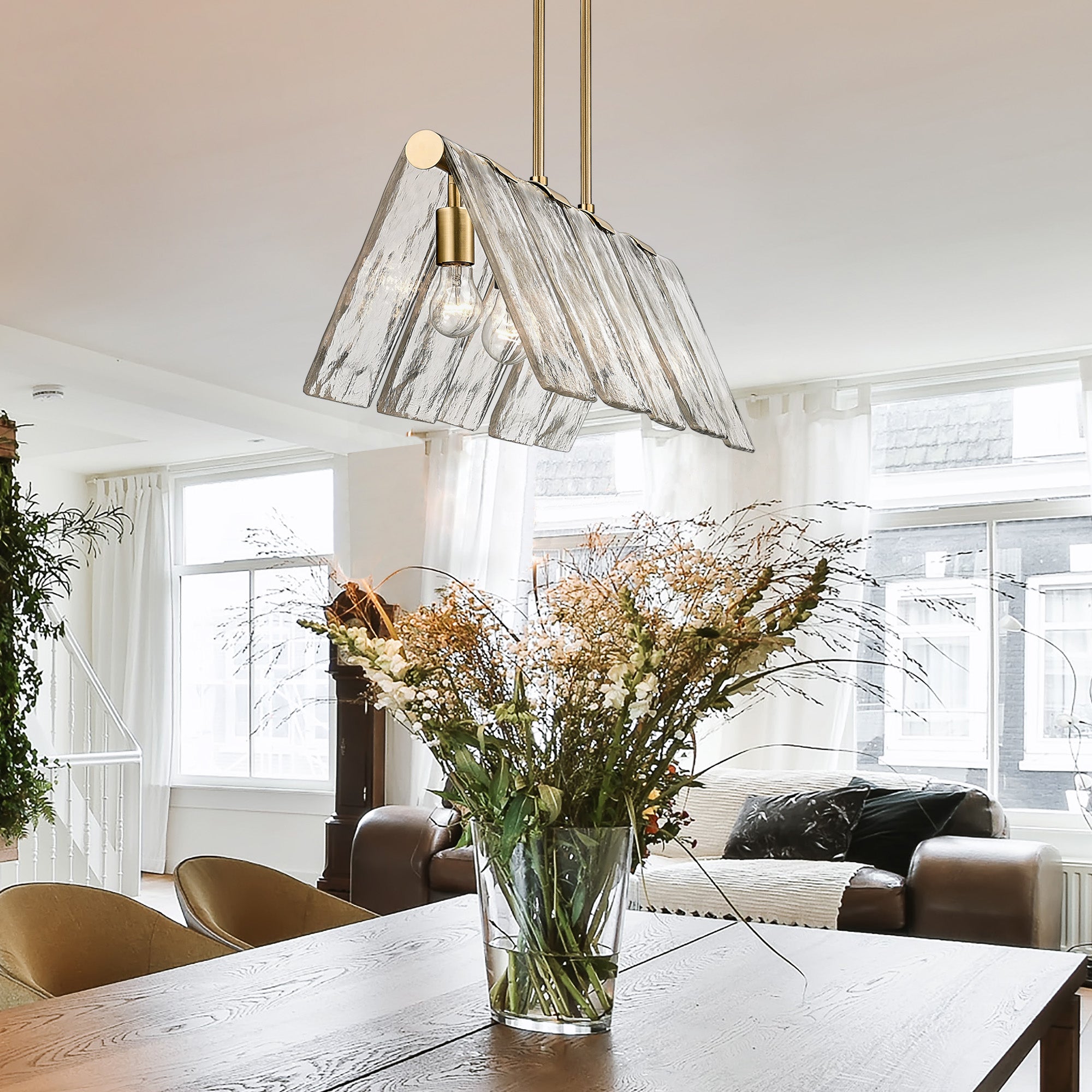 Serenity Linear Pendant in Modern Brass with Hammered Water Glass Shade - Default Title - Golden Lighting