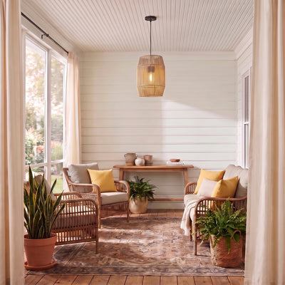 Seabrooke 1-light Outdoor Pendant in Natural Black, AI-visualized porch scene - Golden Lighting