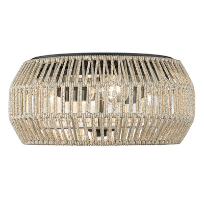Seabrooke Flush Mount - Outdoor in Natural Black with Summer Sands Shade, side view - Golden Lighting