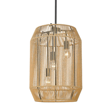 Marlee 3 Light Pendant in Matte Black with Natural Raphia Rope Shade - - Golden Lighting