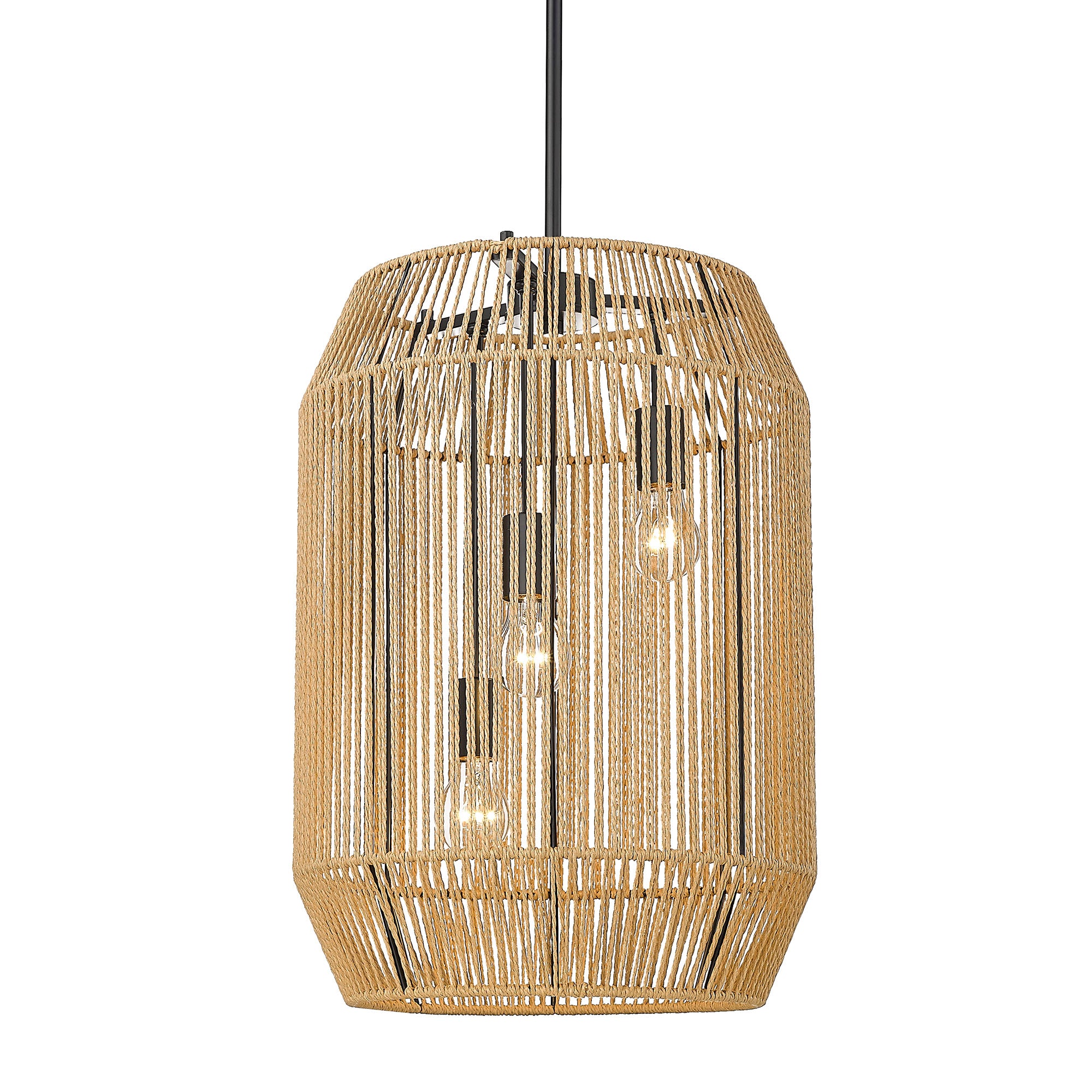 Marlee 3 Light Pendant in Matte Black with Natural Raphia Rope Shade - - Golden Lighting