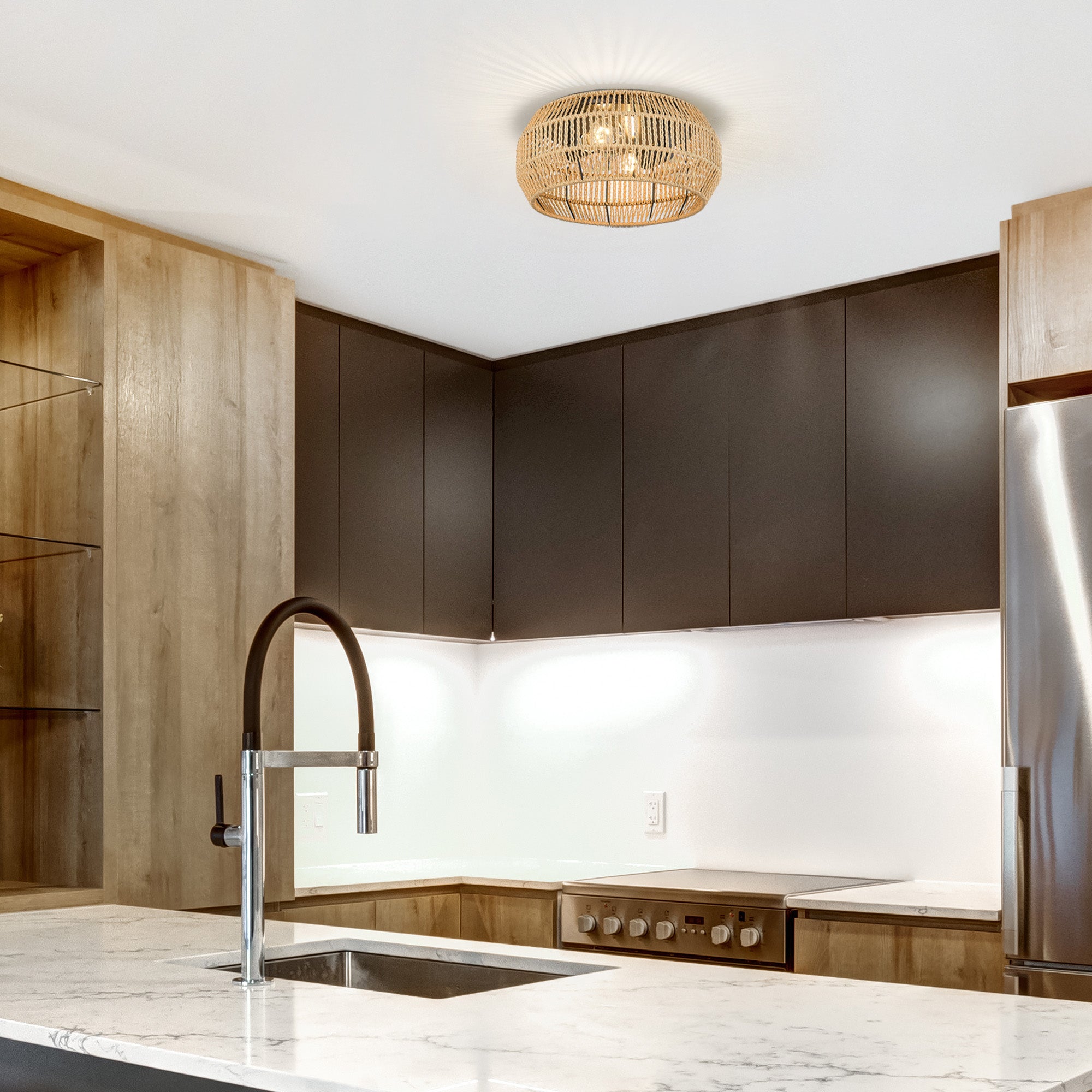 Marlee Flush Mount in Matte Black with Natural Raphia Rope Shade - Default Title - Golden Lighting