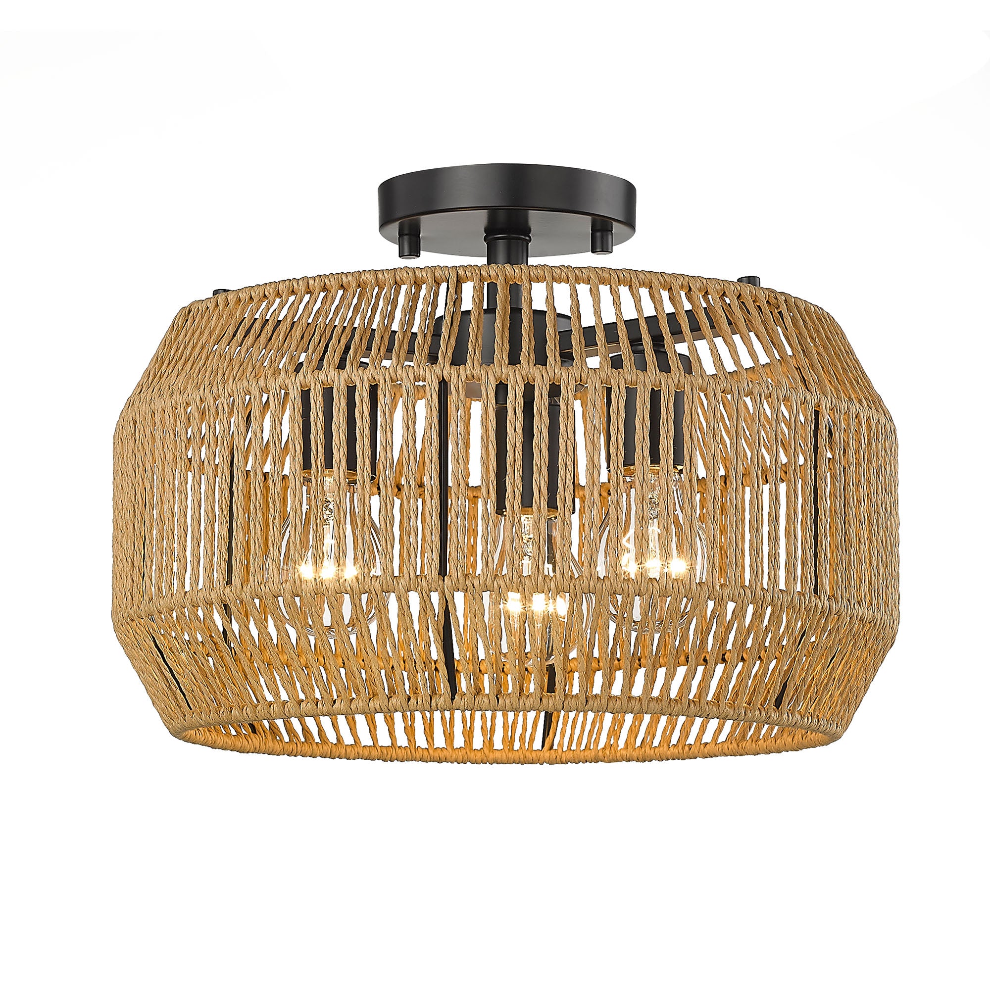 Marlee 3 Light Semi-Flush in Matte Black with Natural Raphia Rope Shade - - Golden Lighting