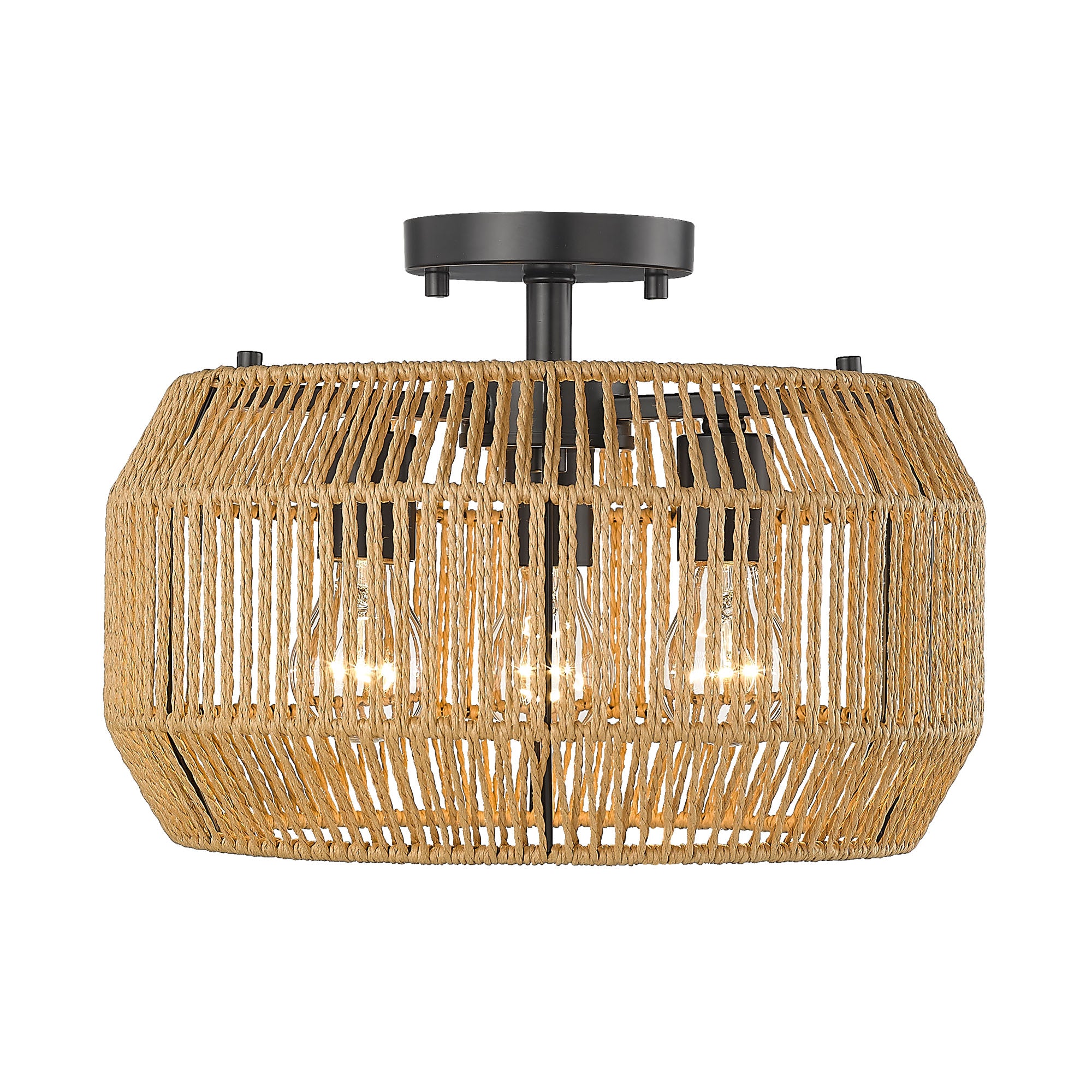 Marlee 3 Light Semi-Flush in Matte Black with Natural Raphia Rope Shade - Matte Black / Natural Raphia Rope / Beige - Golden Lighting