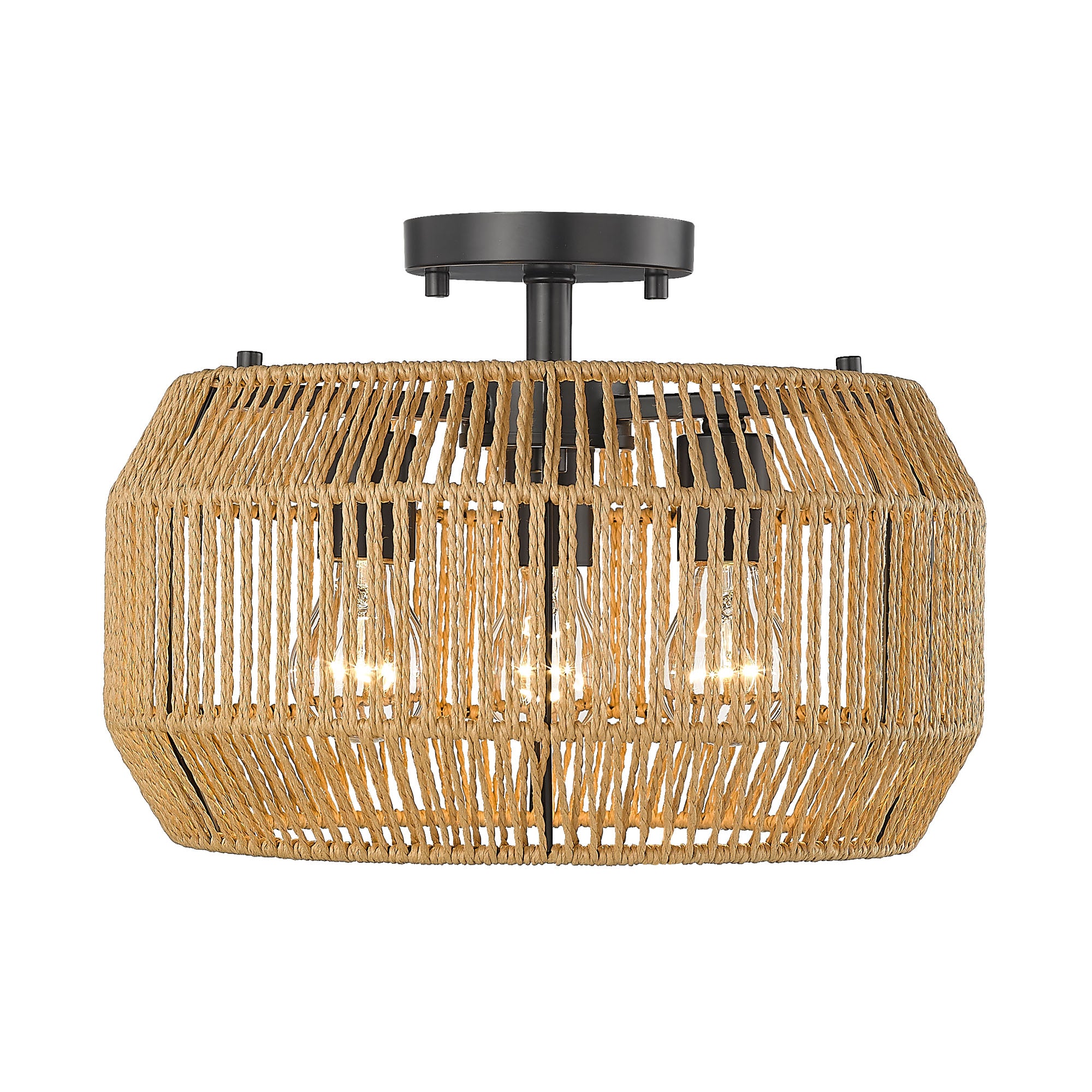 Marlee 3 Light Semi-Flush in Matte Black with Natural Raphia Rope Shade - Default Title - Golden Lighting