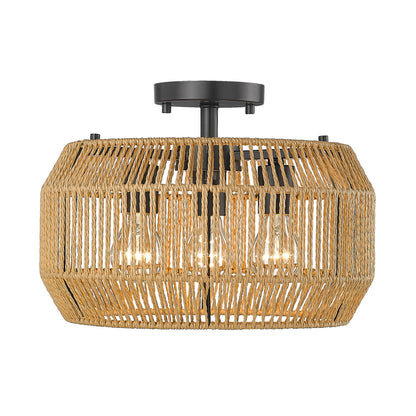 Marlee 3 Light Semi-Flush in Matte Black with Natural Raphia Rope Shade - Default Title - Golden Lighting