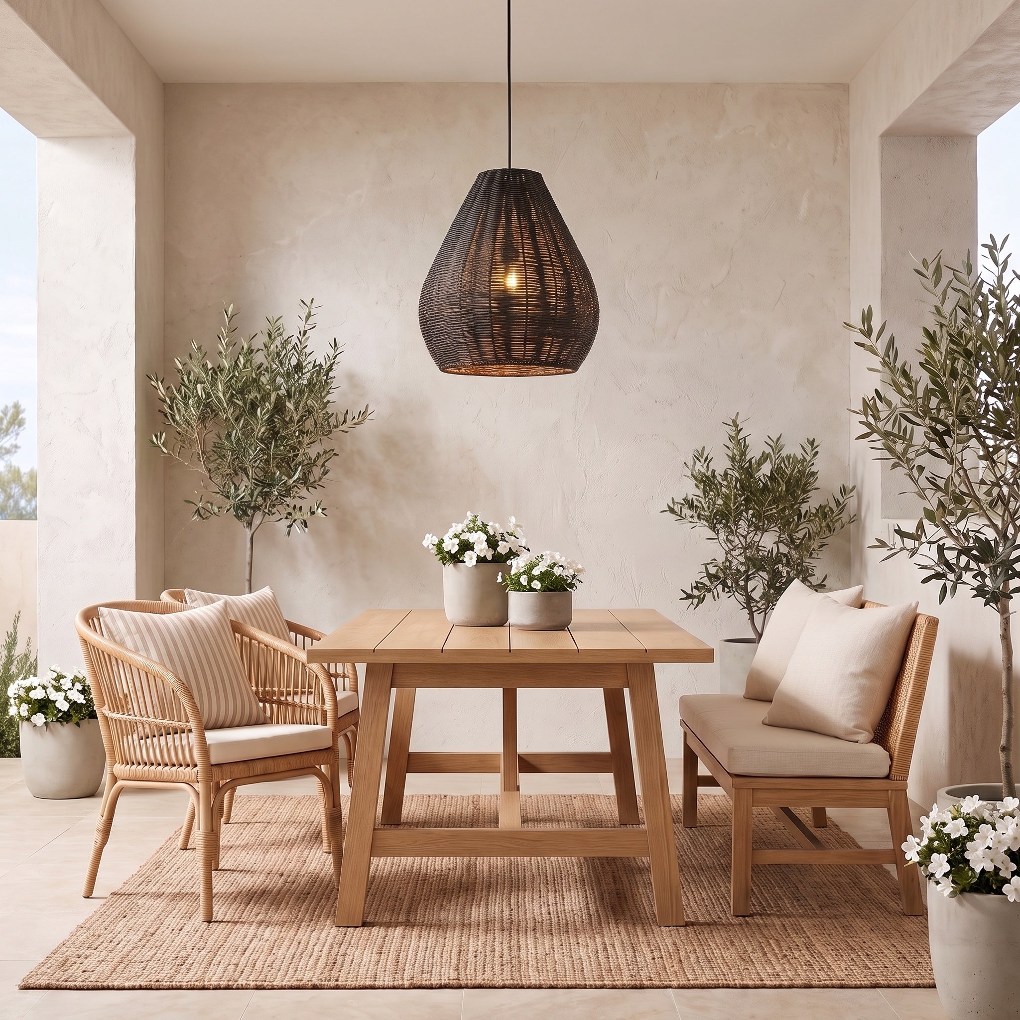 Melany 1-light Outdoor Pendant in Natural Black, AI-visualized porch scene - Golden Lighting