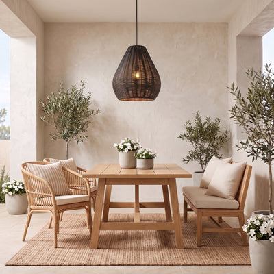 Melany 1-light Outdoor Pendant in Natural Black, AI-visualized porch scene - Golden Lighting